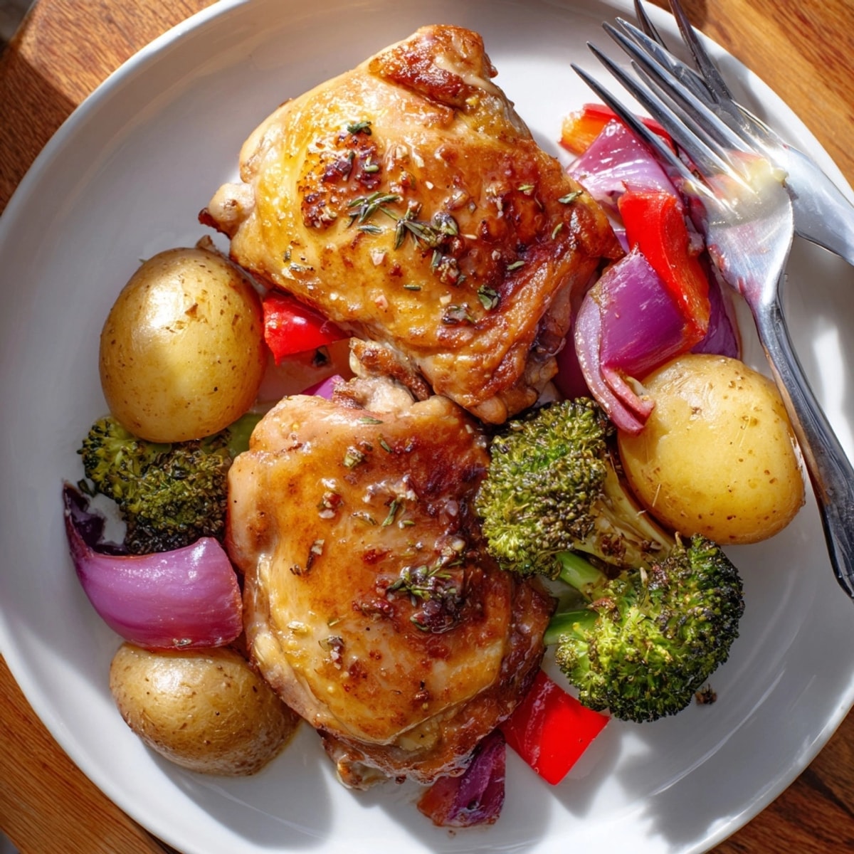 Honey Lemon Roasted Chicken Sheet Pan glistening with golden skin, nestled among roasted vegetables.