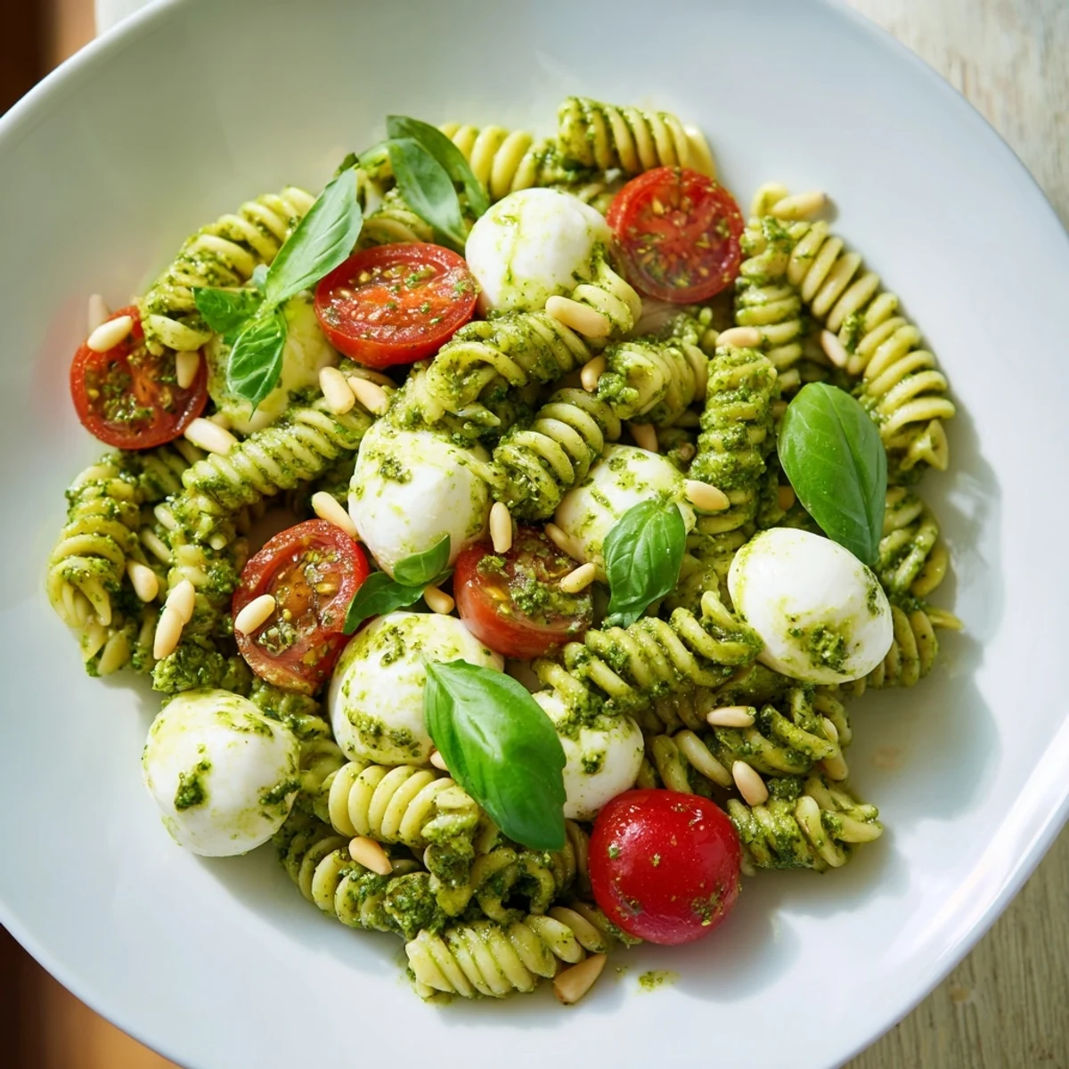 Cold Pasta Salad with pesto, mozzarella, and juicy tomatoes, a perfect summer dish.