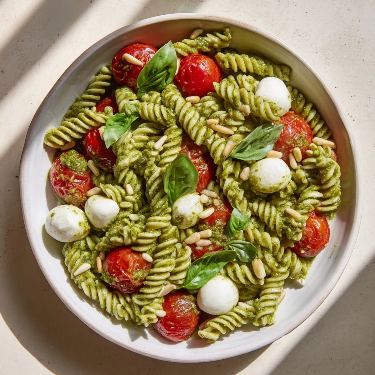 This cold pasta salad bursts with flavor, featuring pesto, fresh mozzarella, and ripe tomatoes.