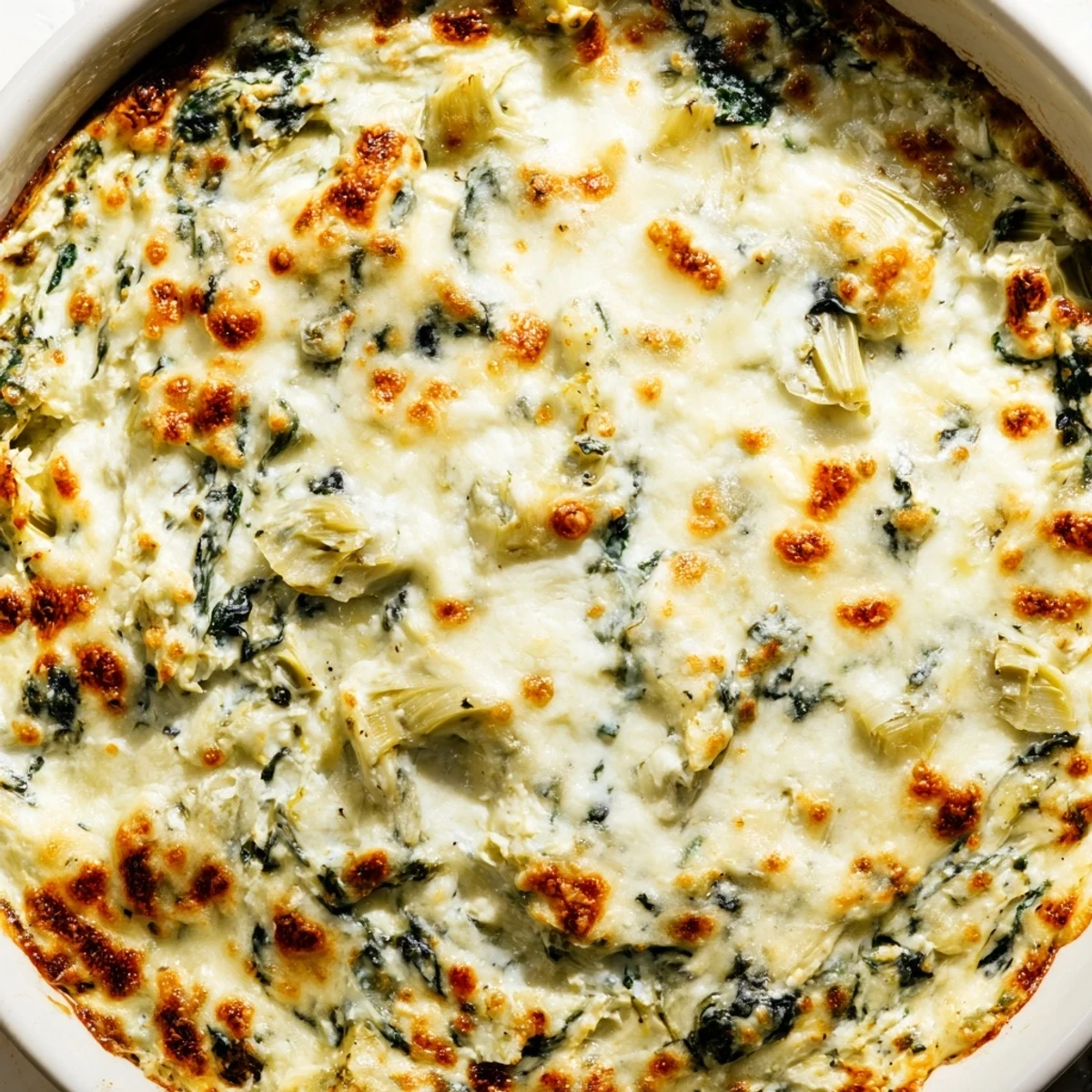 A bubbly, golden Warm Spinach and Artichoke Dip, perfect for dipping crusty bread in a cozy bite.