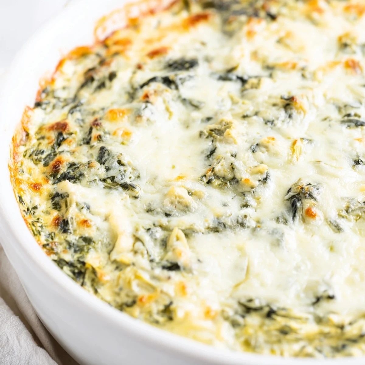 Imagine a close-up of this delicious Warm Spinach and Artichoke Dip, beautifully browned and inviting for snacking.