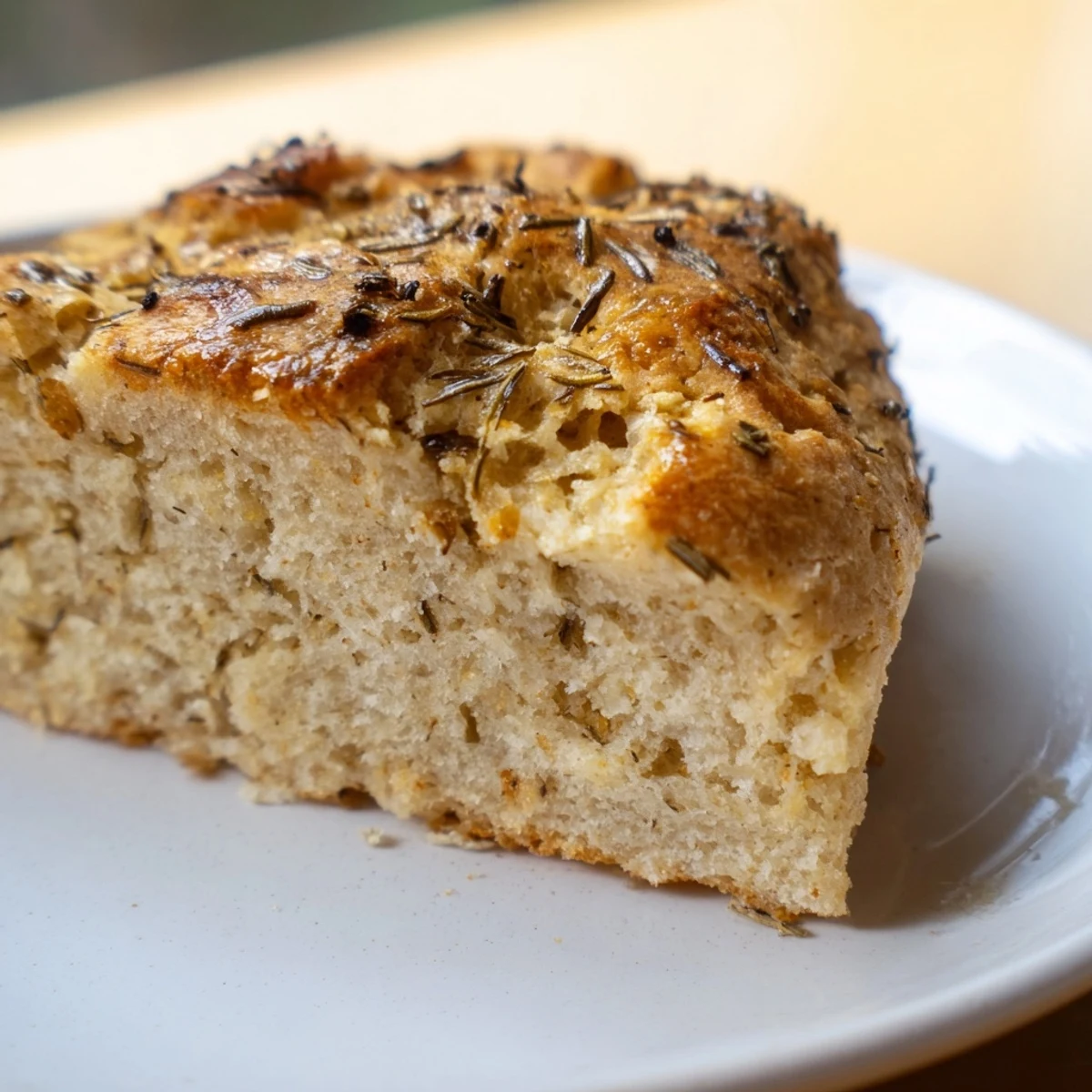 Rustic, freshly baked garlic and rosemary bannock bread, a quick flatbread with visible herbs.