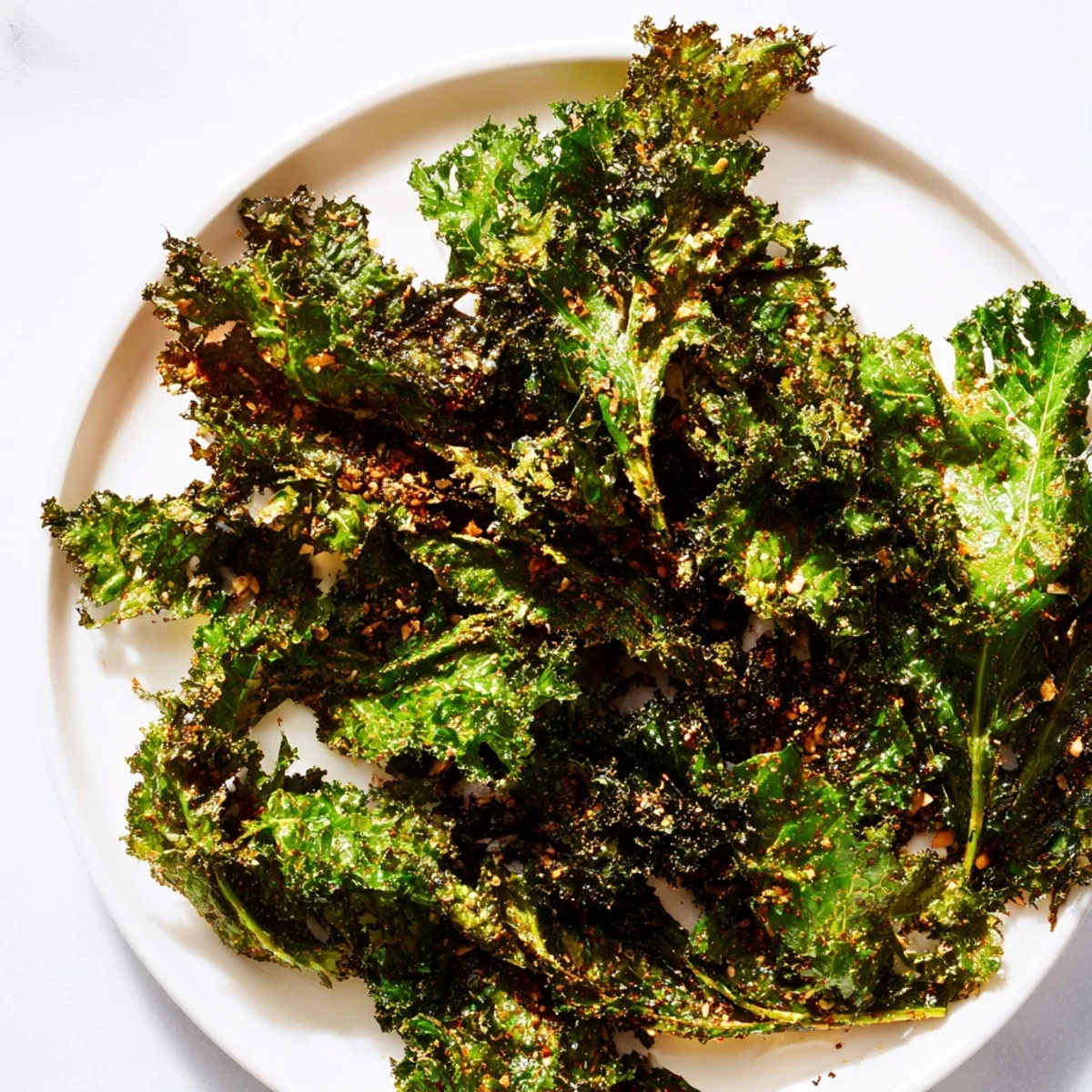 Savory and flavorful: a plate of oven-baked kale chips ready to enjoy as a light, vegan snack.
