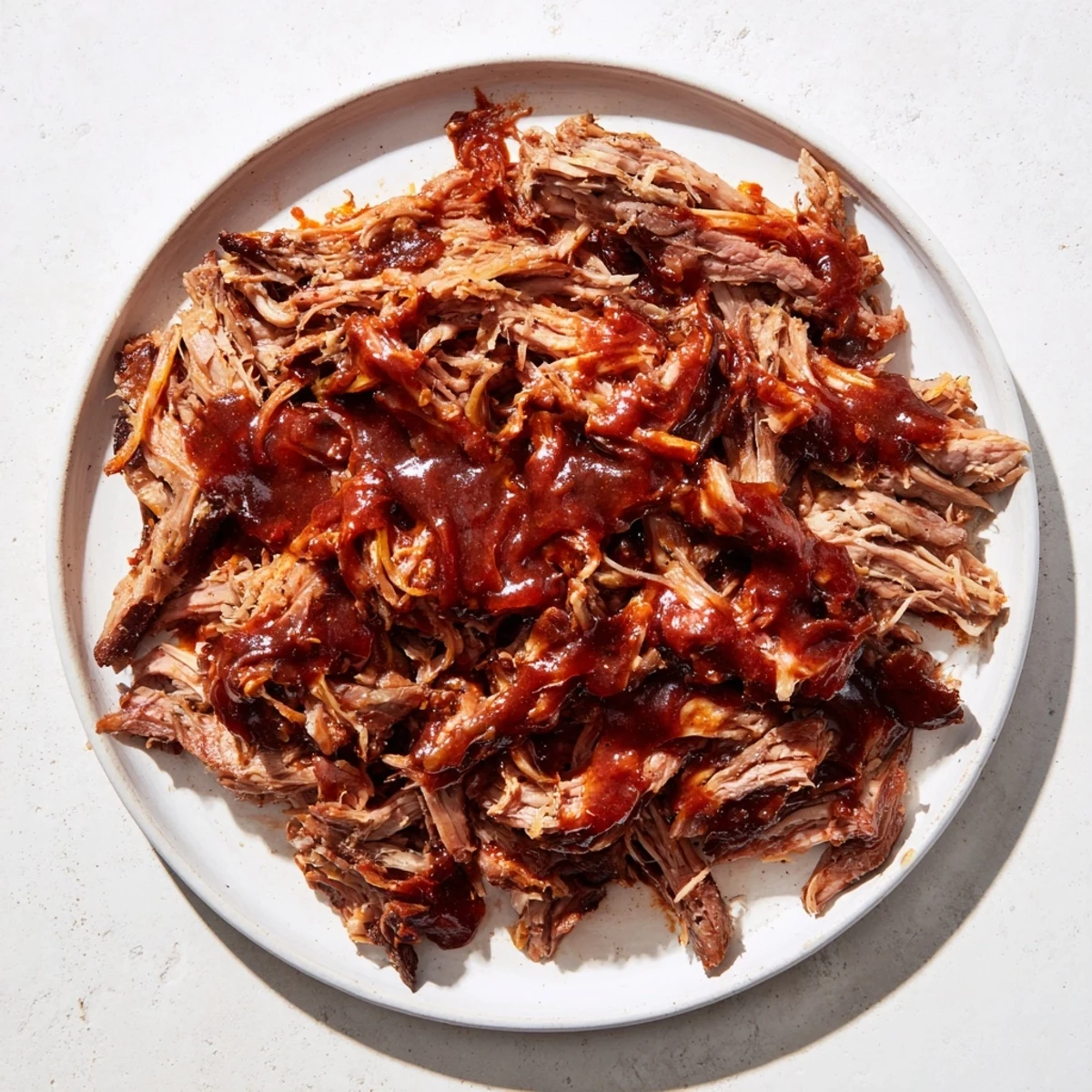 A close-up of slow-cooked 5-Ingredient BBQ Pulled Pork, glistening with barbecue sauce and steam.