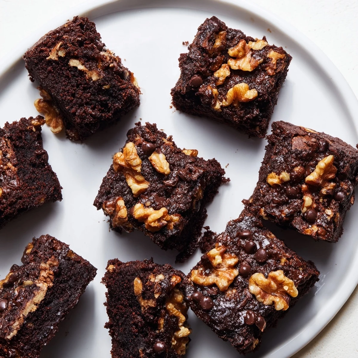 Fudgy walnut brownies in a baking pan: a close up of the rich, dark chocolate dessert with walnuts.