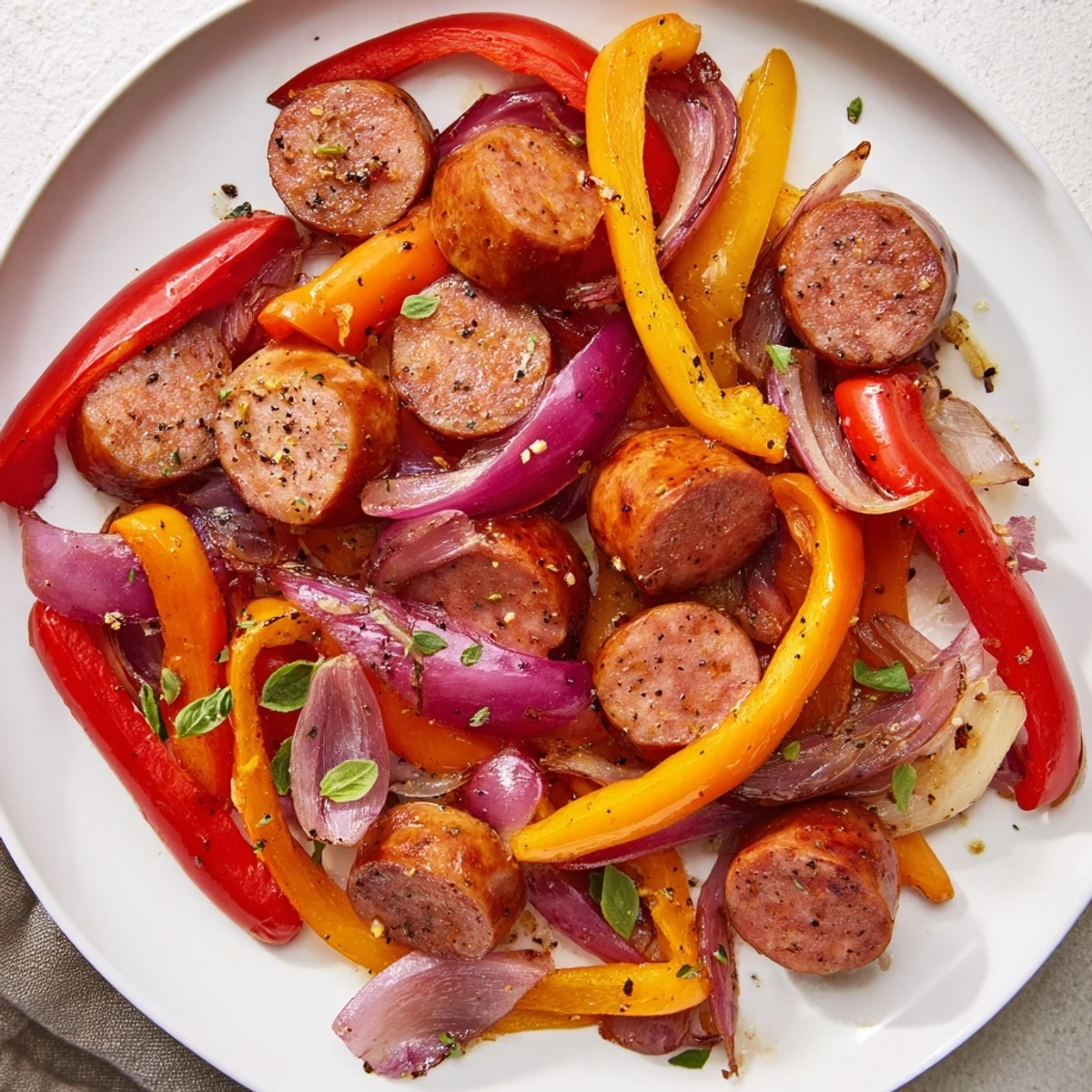 Image Alt Text: Easy Sheet Pan Roasted Italian Sausage with vibrant peppers and onions, a simple, delicious meal.