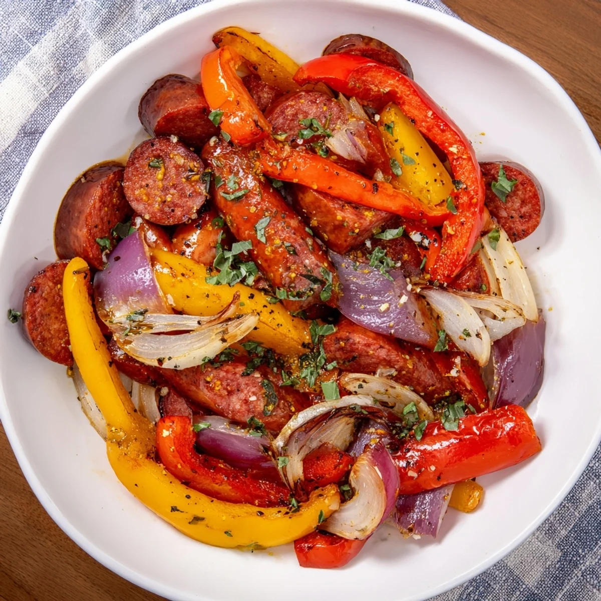 Image Alt Text: Golden-brown Italian sausages nestled among roasted peppers and onions on a sheet pan, ready to serve.