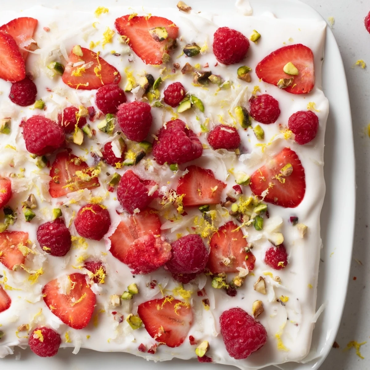 Vibrant frozen yogurt bark topped with fresh strawberries, raspberries, and crunchy pistachios.