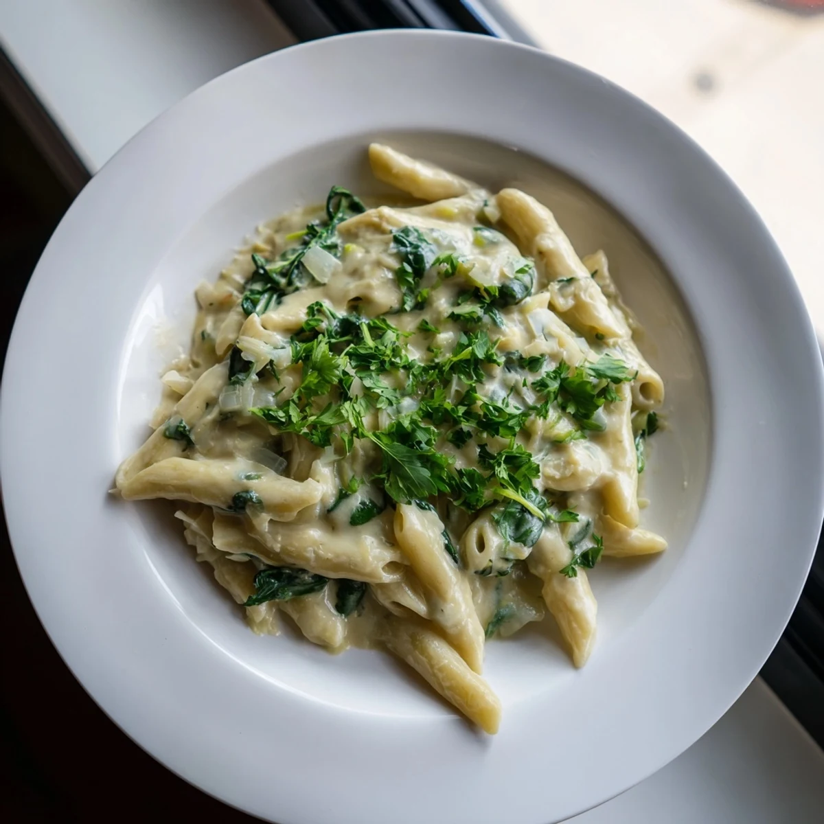 A bubbling pot of The Magic Casserole: Creamy Spinach Pasta, fragrant and cheesy.