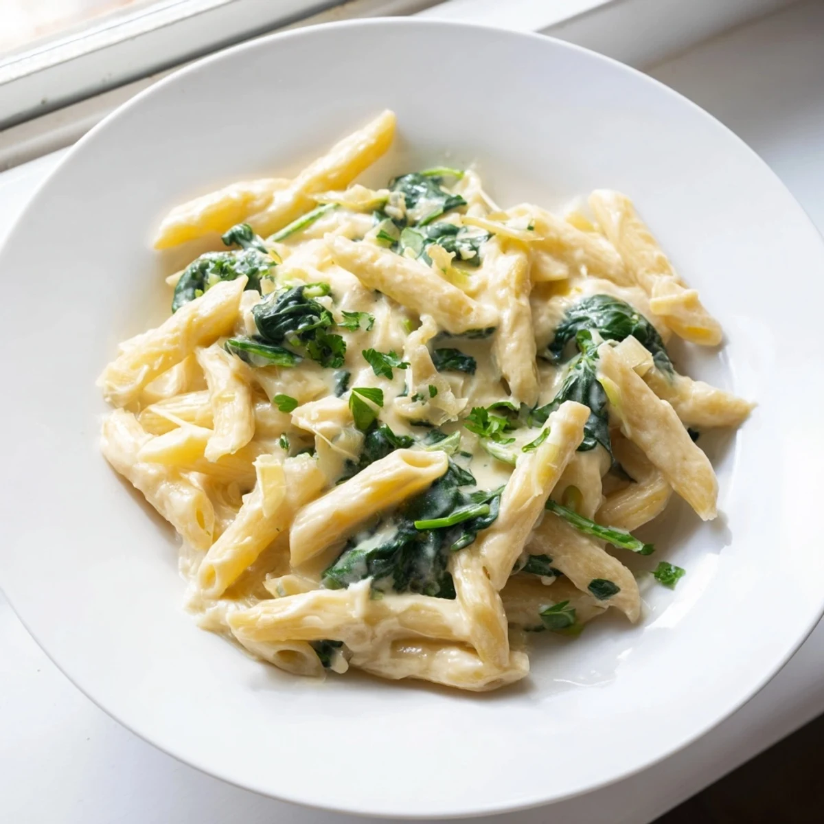 Golden, creamy The Magic Casserole: Creamy Spinach Pasta with wilted spinach, ready to serve.