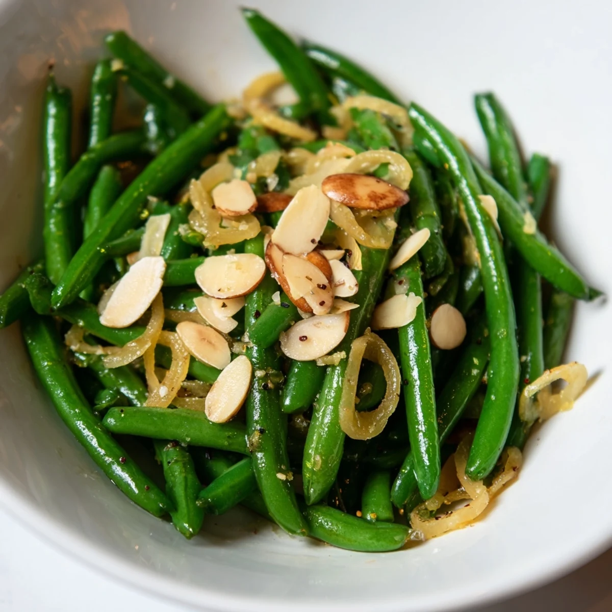 Crisp Sautéed Green Beans with Garlic and Almonds, a flavorful side dish with bright green beans.