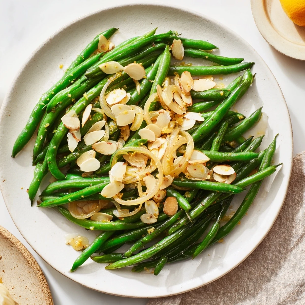 Golden almonds top this plate of Sautéed Green Beans; a simple, delicious vegetarian recipe.