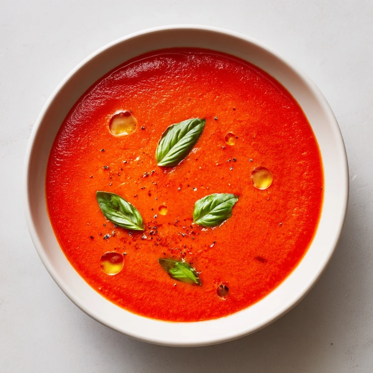 A steaming bowl of creamy Comfort Soup: Tomato and Basil Soup, garnished with fresh basil.