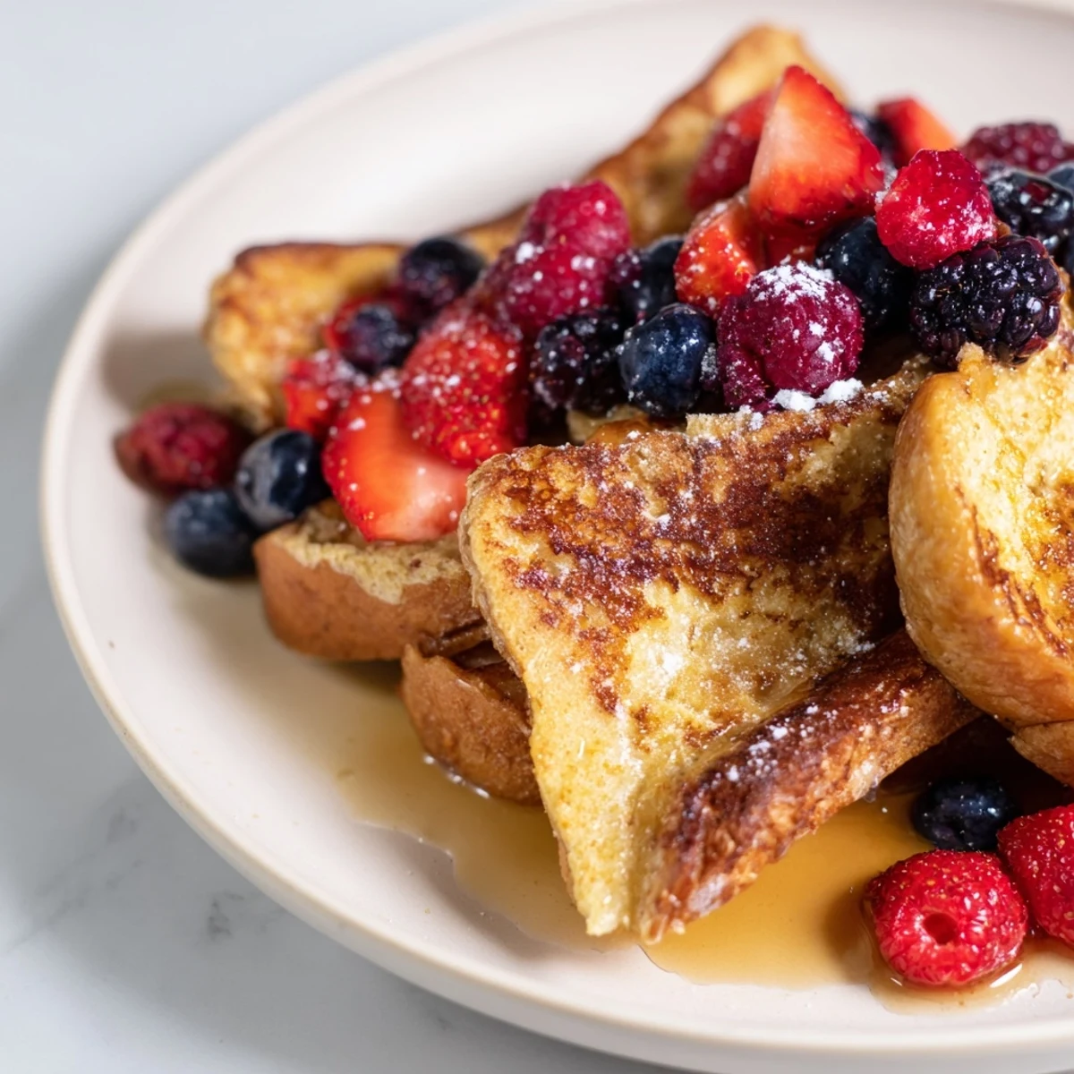 Golden-brown French toast with berries: Warm, fluffy bread slices, drizzled in syrup and berry medley.
