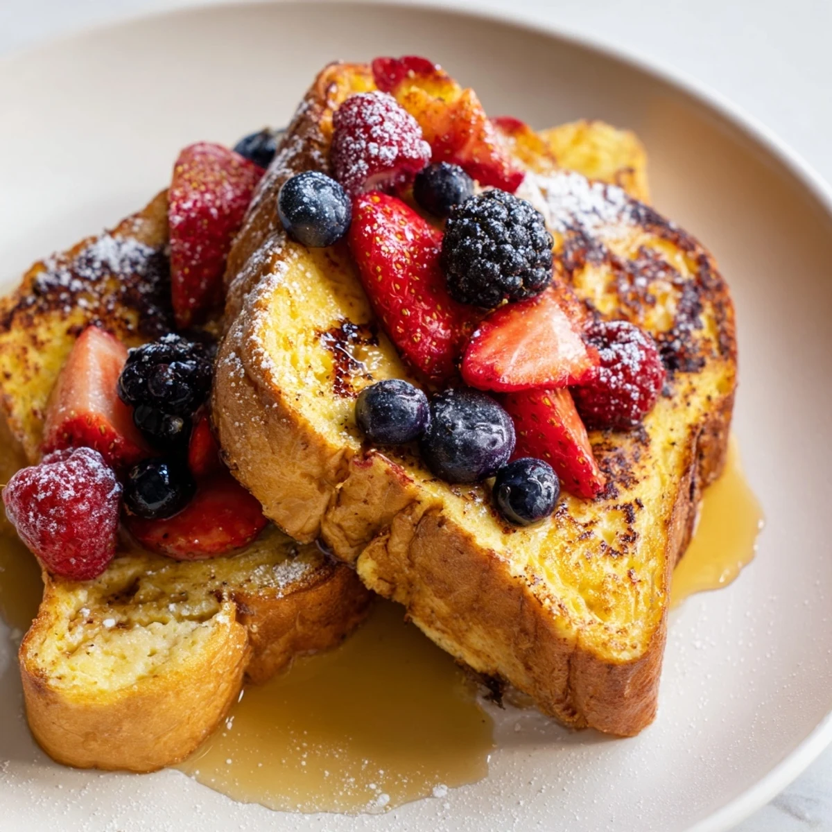 Indulge in this delicious French toast: crispy edges, soft center, and sweet syrup with fresh berries.