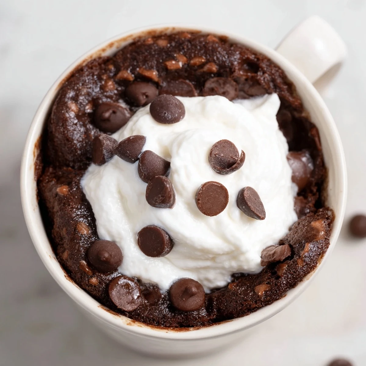 A steaming mug of decadent chocolate mug cake, topped with whipped cream, awaits enjoying.