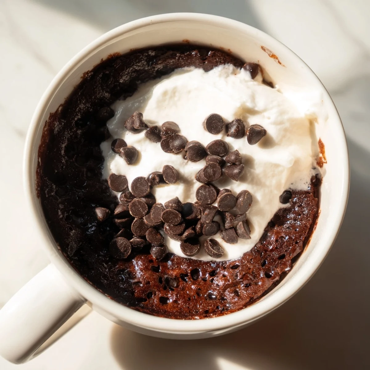 Quick and easy: a perfectly cooked, individual chocolate mug cake, the perfect dessert.
