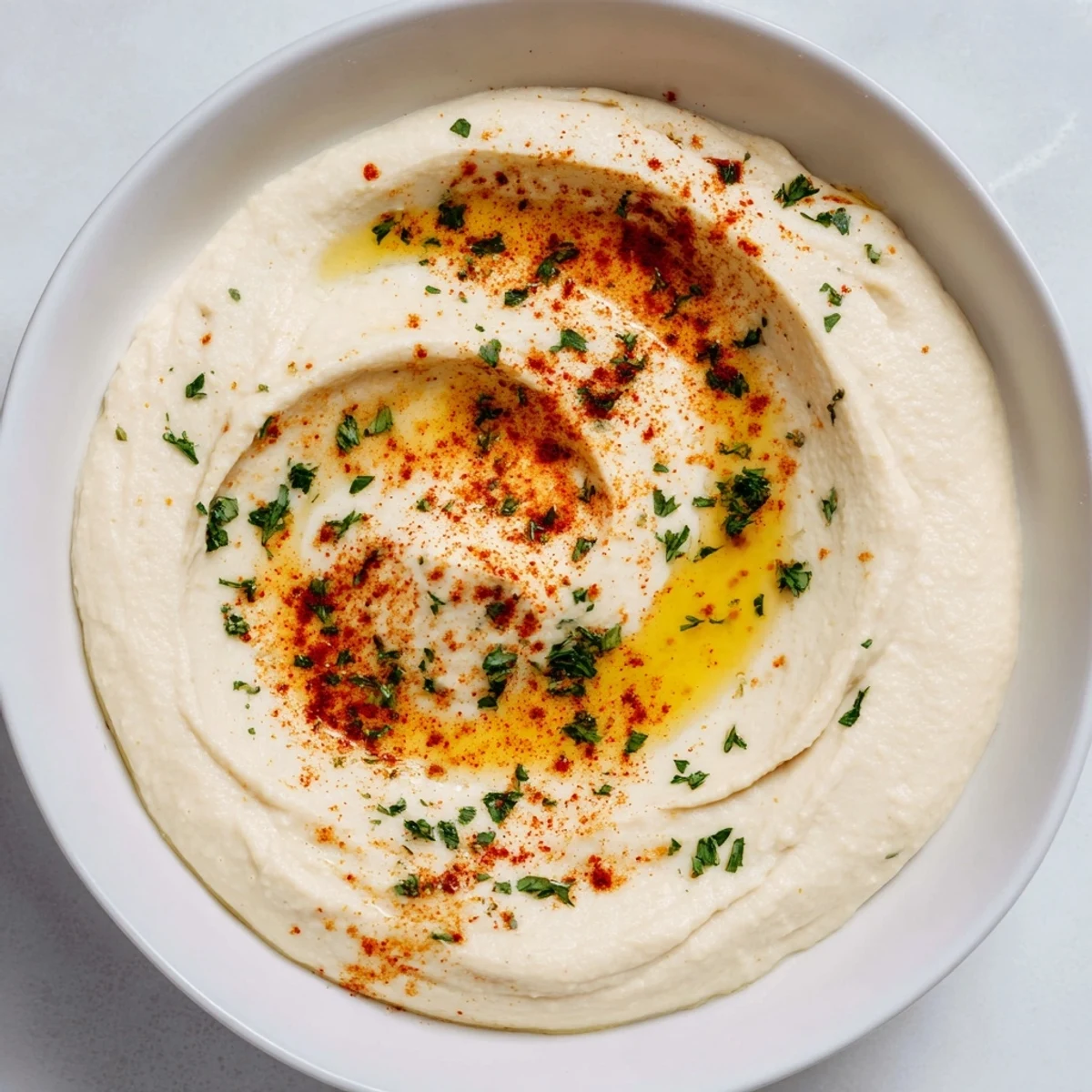 A bowl of perfect 5-Minute Homemade Hummus, topped with olive oil and paprika, ready to dip.