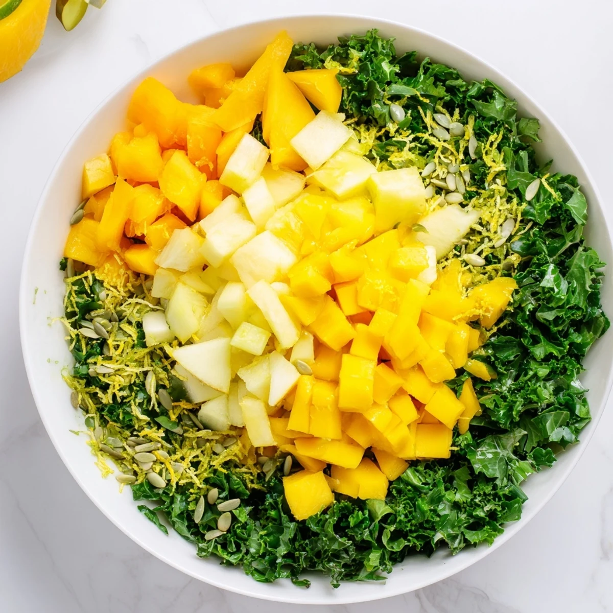 This colorful The Sunlit Glade salad features a beautiful arrangement of fruits and fresh herbs.