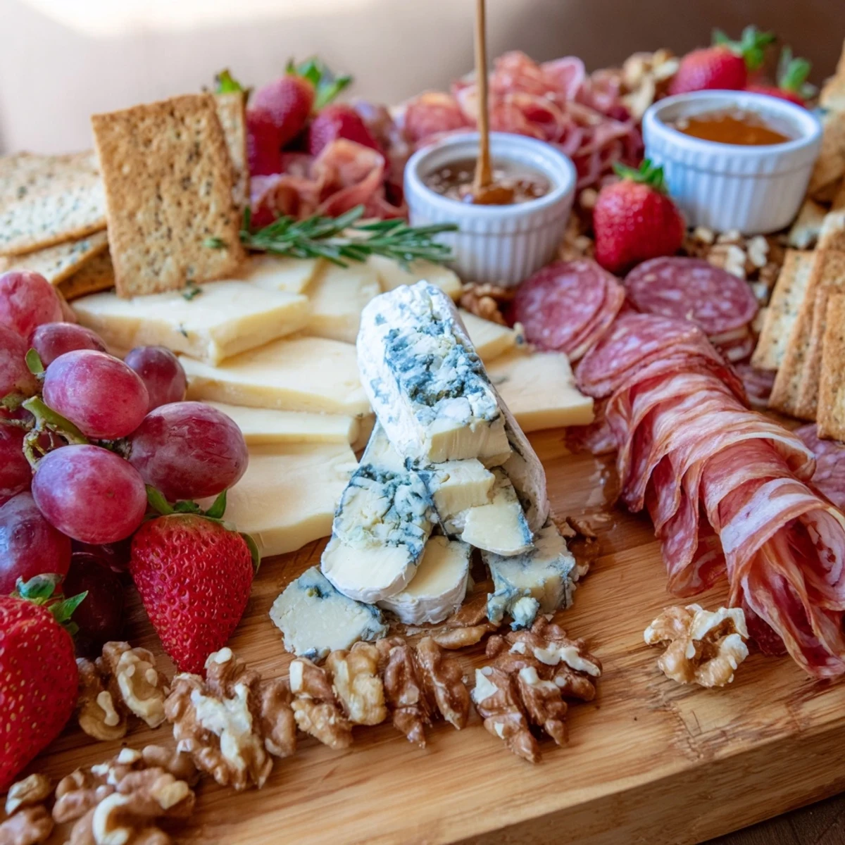 A vibrant The Waterfall Edge Grazing Board spilling with cheeses, fruits, and cured meats for serving.