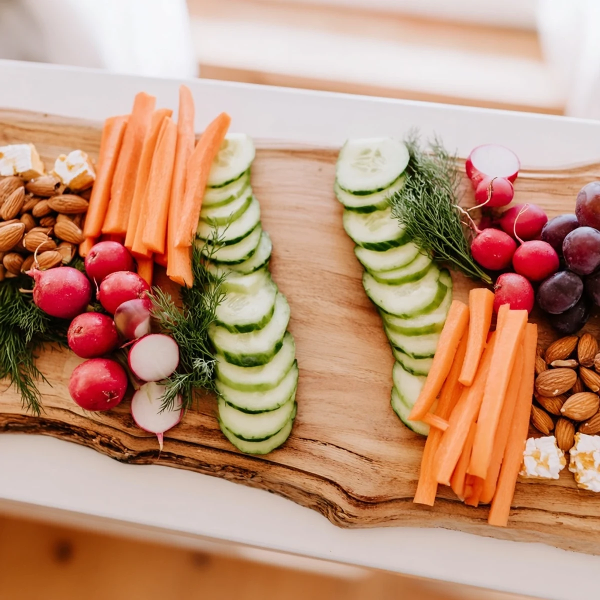 Zen Balance appetizer: Artfully balanced board of colorful veggies, cheese, and almonds, ready to enjoy.