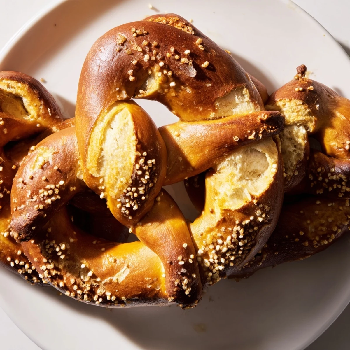 Golden-brown Homemade Soft Pretzels, sprinkled with coarse salt, fresh from the oven, ready to eat.