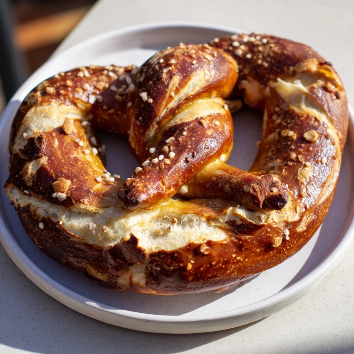View a close-up of delicious Homemade Soft Pretzels, showing a wonderfully chewy texture and salty finish.