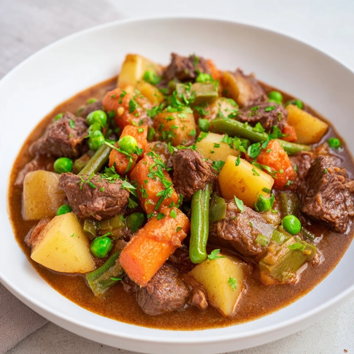 A steaming bowl of flavorful beef and vegetable stew, perfect for a cozy dinner.