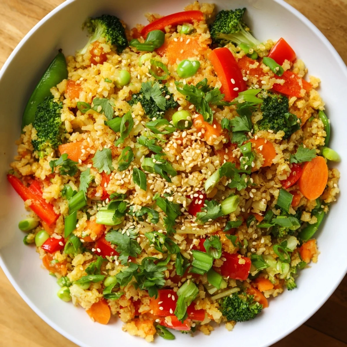 Steaming hot Crispy Vegetable Fried Rice Bowls, garnished with cilantro, a flavorful vegetarian main dish.