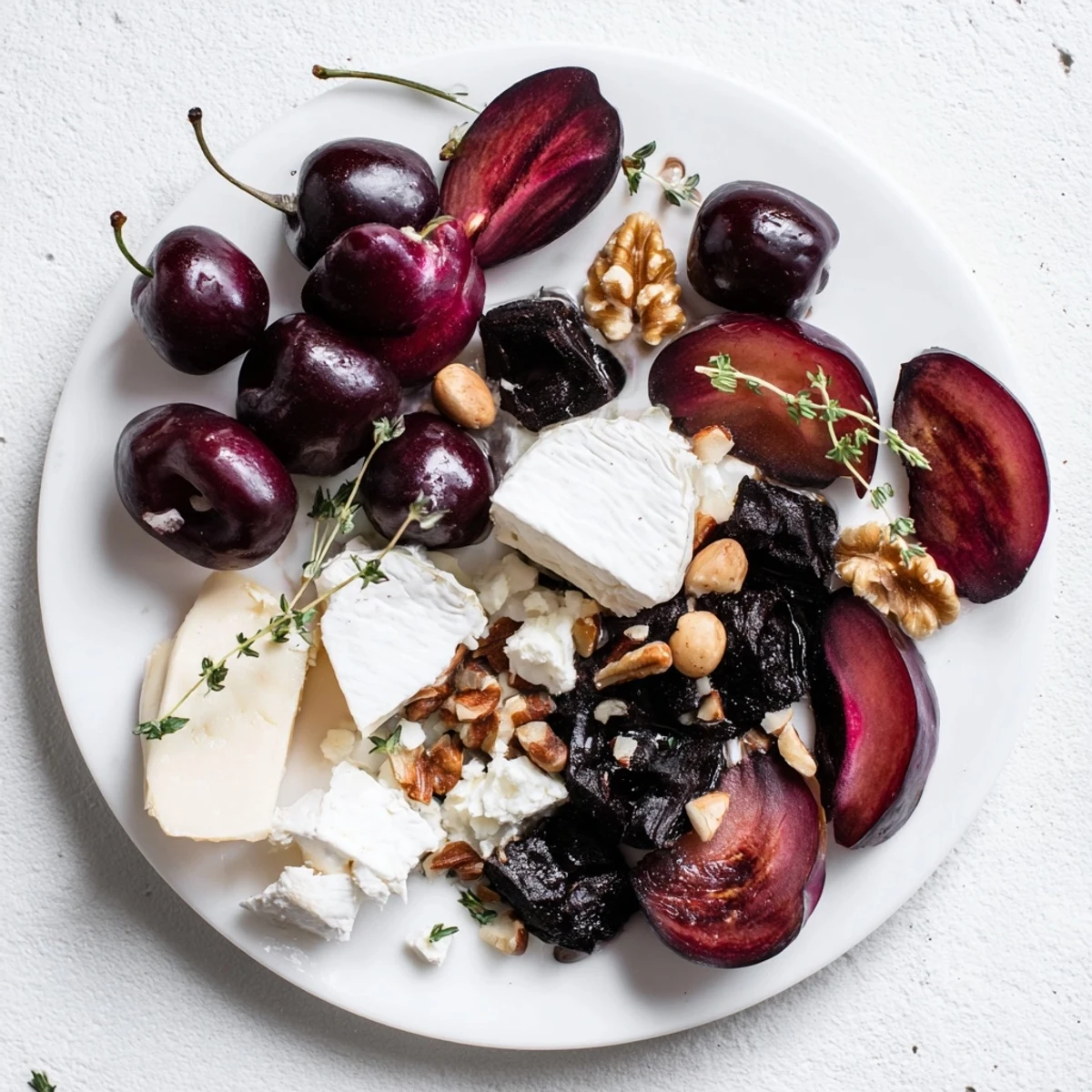 Midnight Orchard platter: ruby cherries, plums, grapes, and ash-covered goat cheese, ready to enjoy.