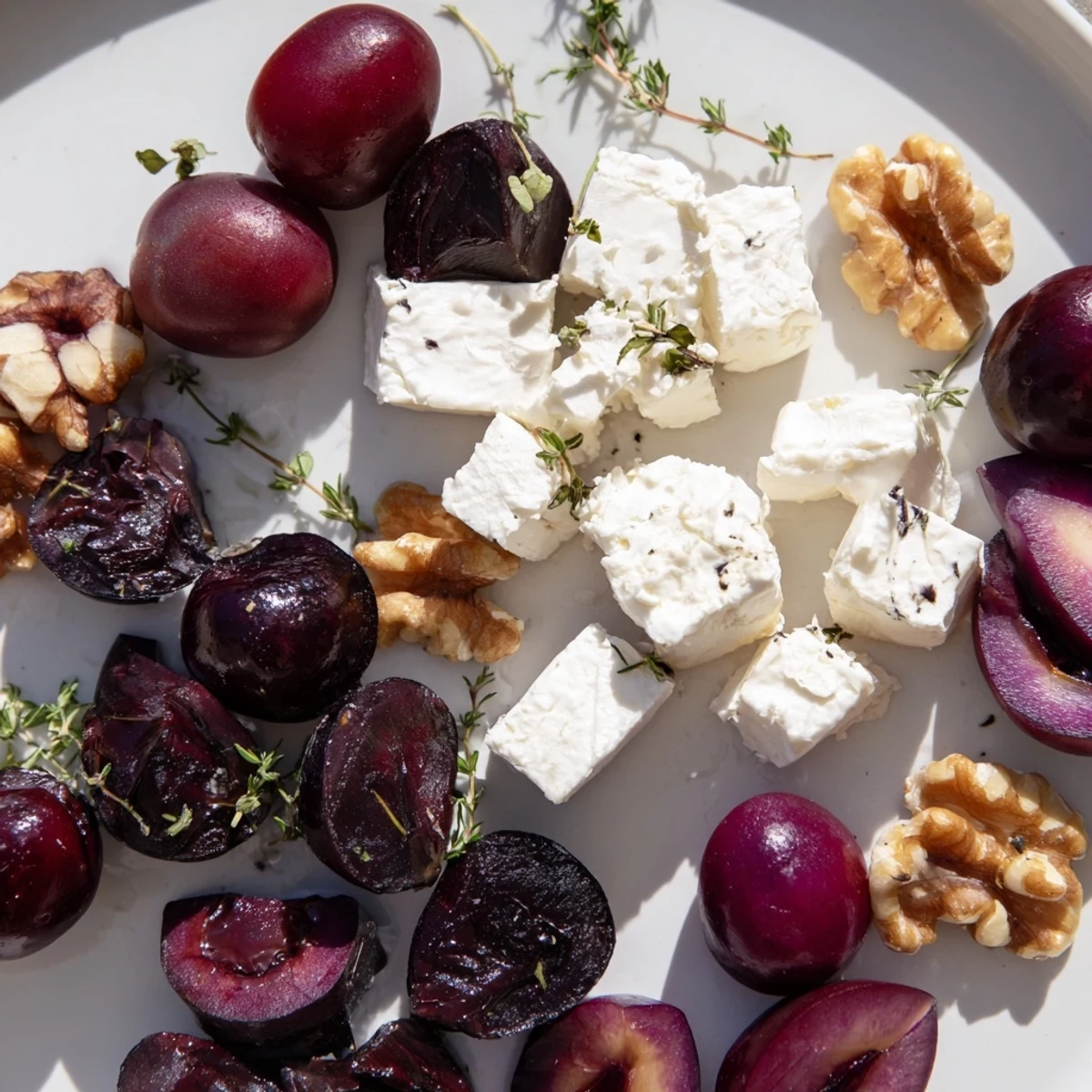 Elegantly arranged Midnight Orchard fruit and cheese, featuring ripe plums and creamy goat cheese.