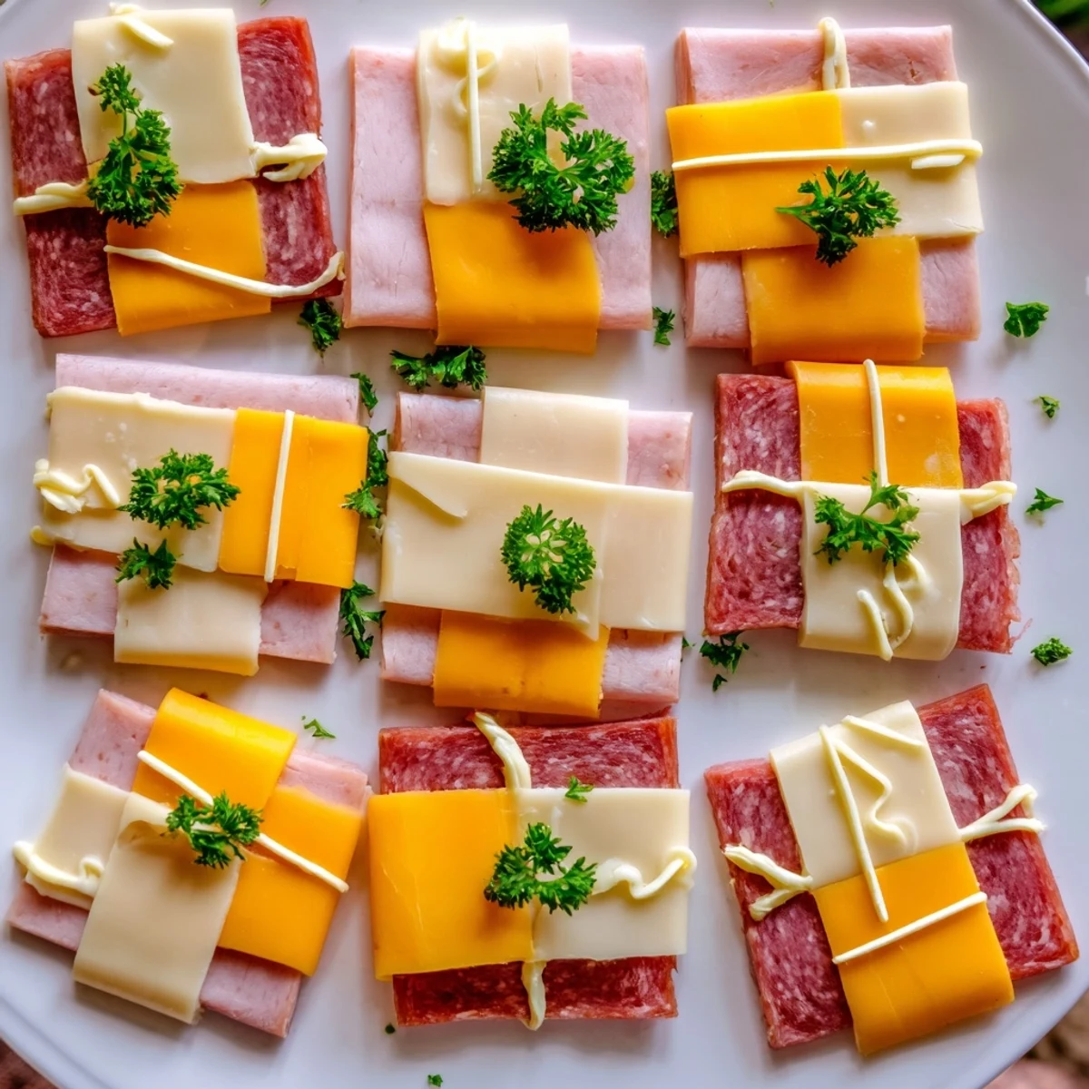 Colorful squares of the patchwork quilt appetizer, perfect for a party, ready to serve and enjoy.