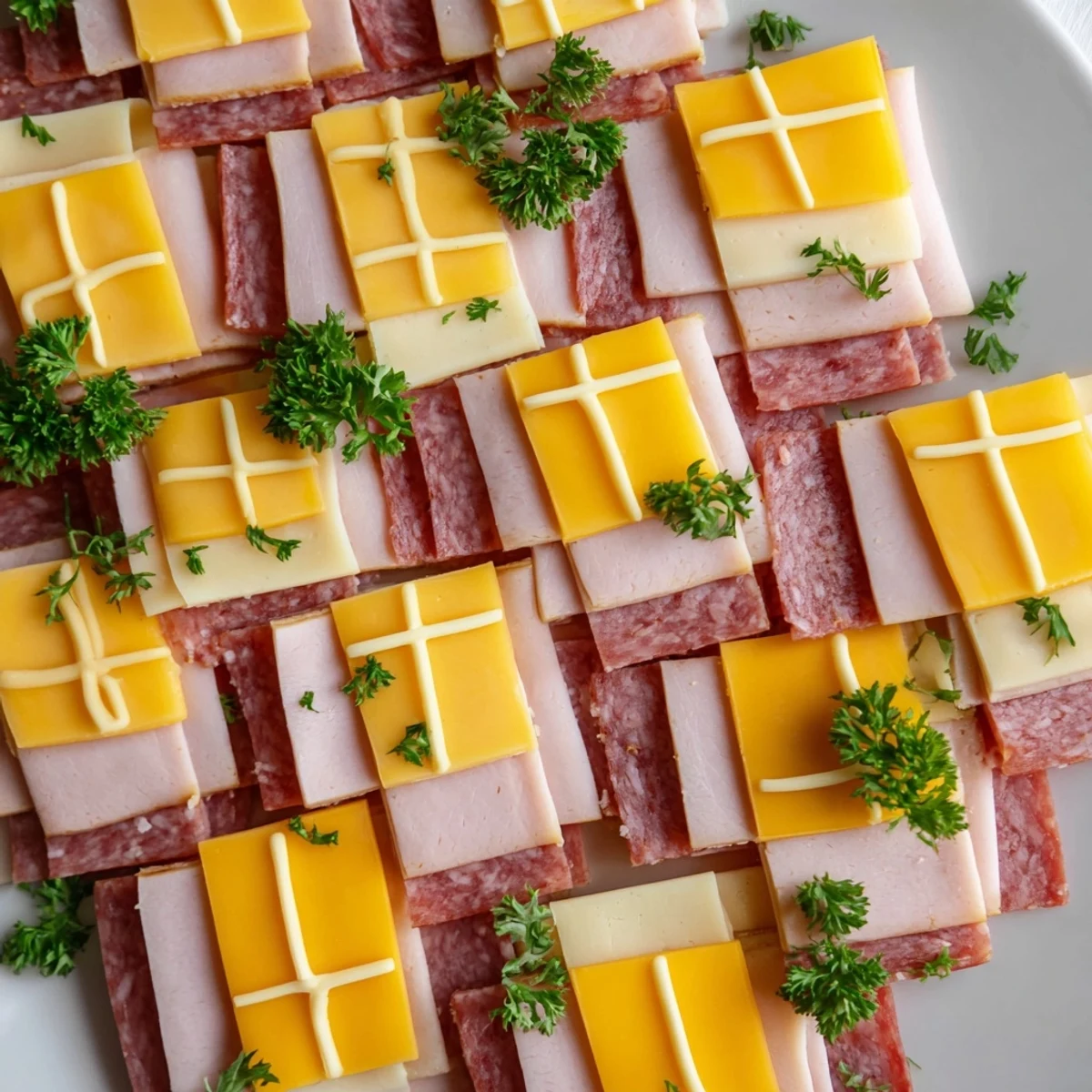 A beautiful patchwork quilt appetizer, artfully arranged meats and cheeses glazed with mustard.
