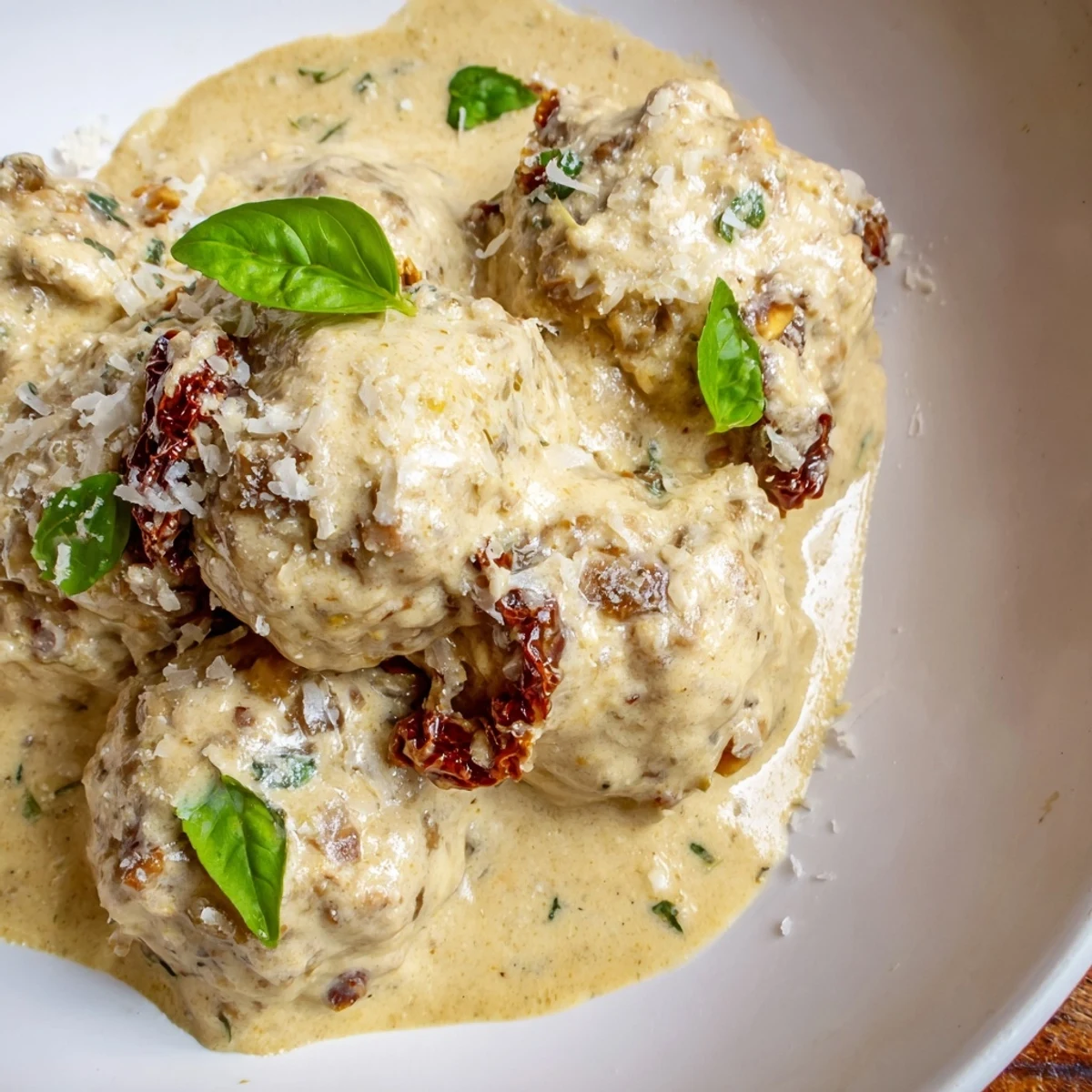 Golden-brown Marry Me Chicken Meatballs swimming in a creamy, sun-dried tomato sauce.