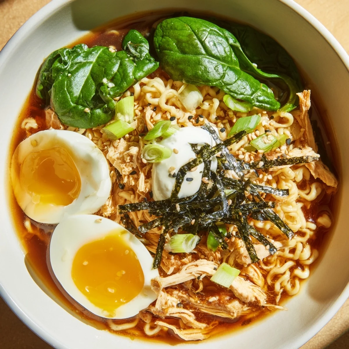 Steaming bowl of Chicken Ramen with Kewpie Mayo, topped with soft egg and vibrant green scallions.