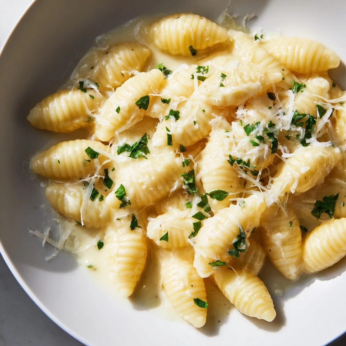 Close-up of freshly made 15-Minute Garlic Parmesan Pasta with a shower of Parmesan cheese.