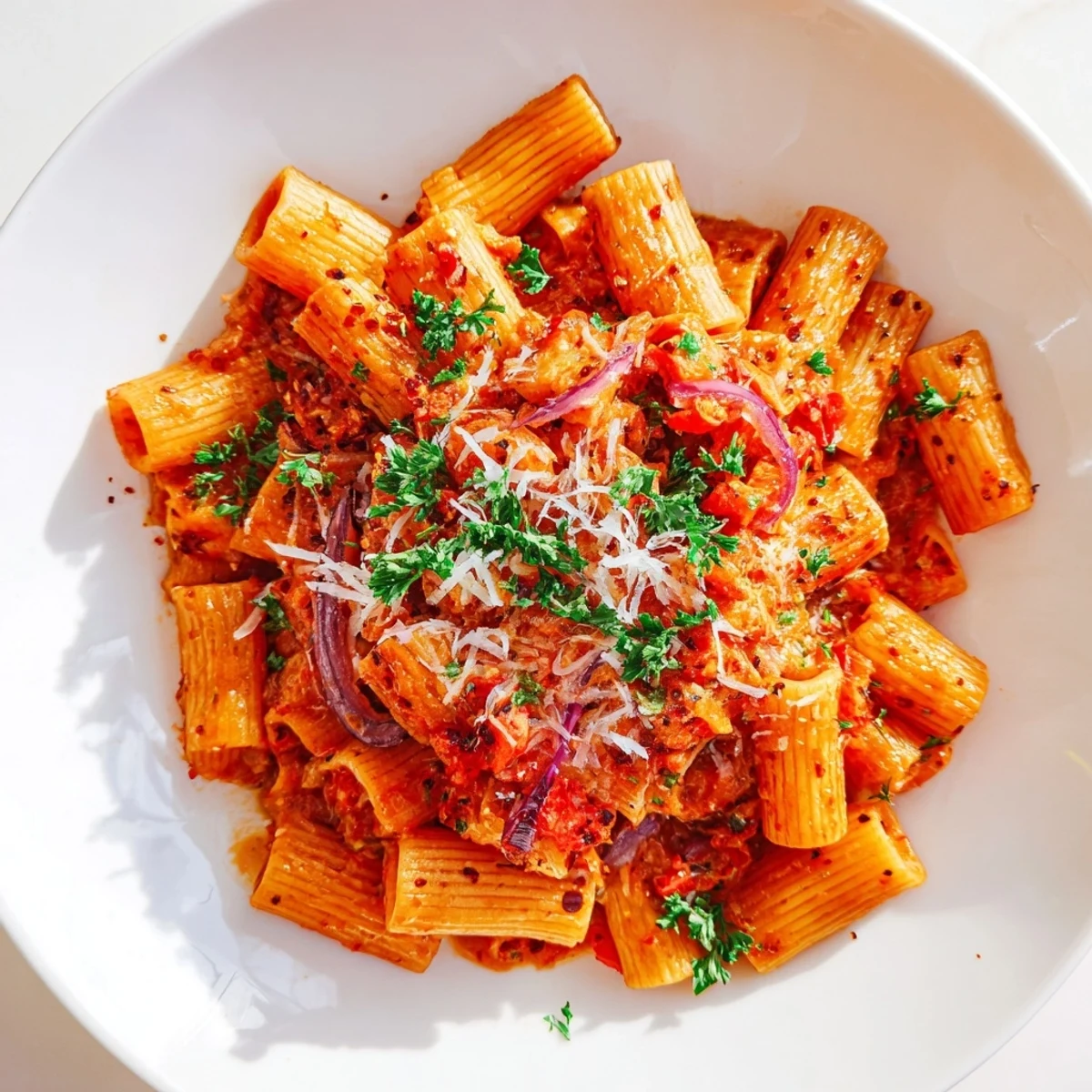 Steaming one-pot Diavola spicy pasta with vibrant bell peppers and a sprinkle of fresh herbs.