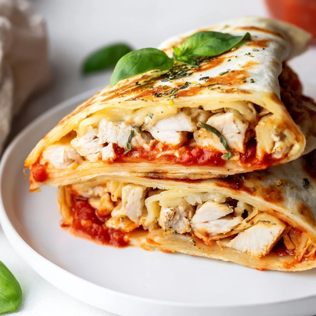 Golden-toasted Tortilla Pizza Wrap with Chicken showcases melty mozzarella and juicy pieces inside.