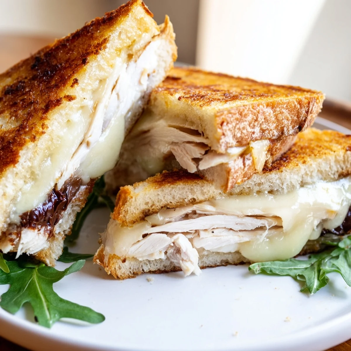 Golden brown Nutella grilled cheese with chicken, a melty, savory, and sweet sandwich.