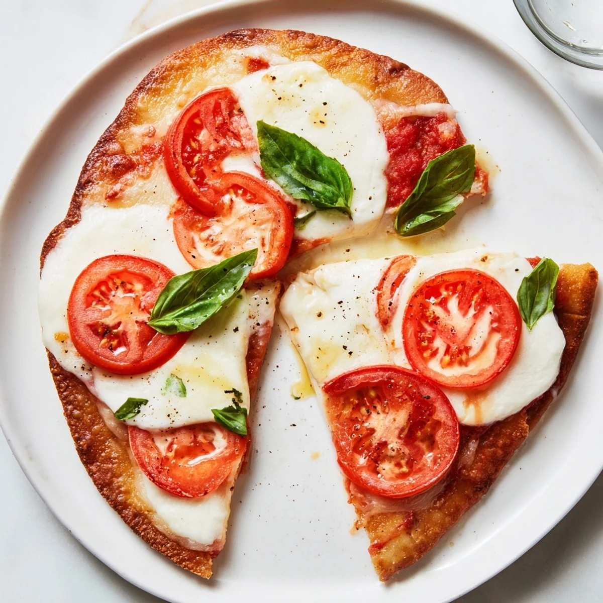 Quick Margherita Naan Pizza with melted mozzarella, ripe tomatoes, and fresh basil, ready to eat.