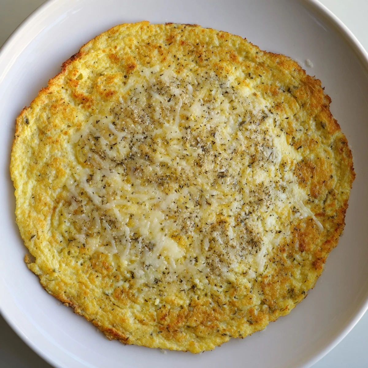 Homemade cauliflower pizza crust, smelling of garlic and oregano, is baked to bubbly perfection.