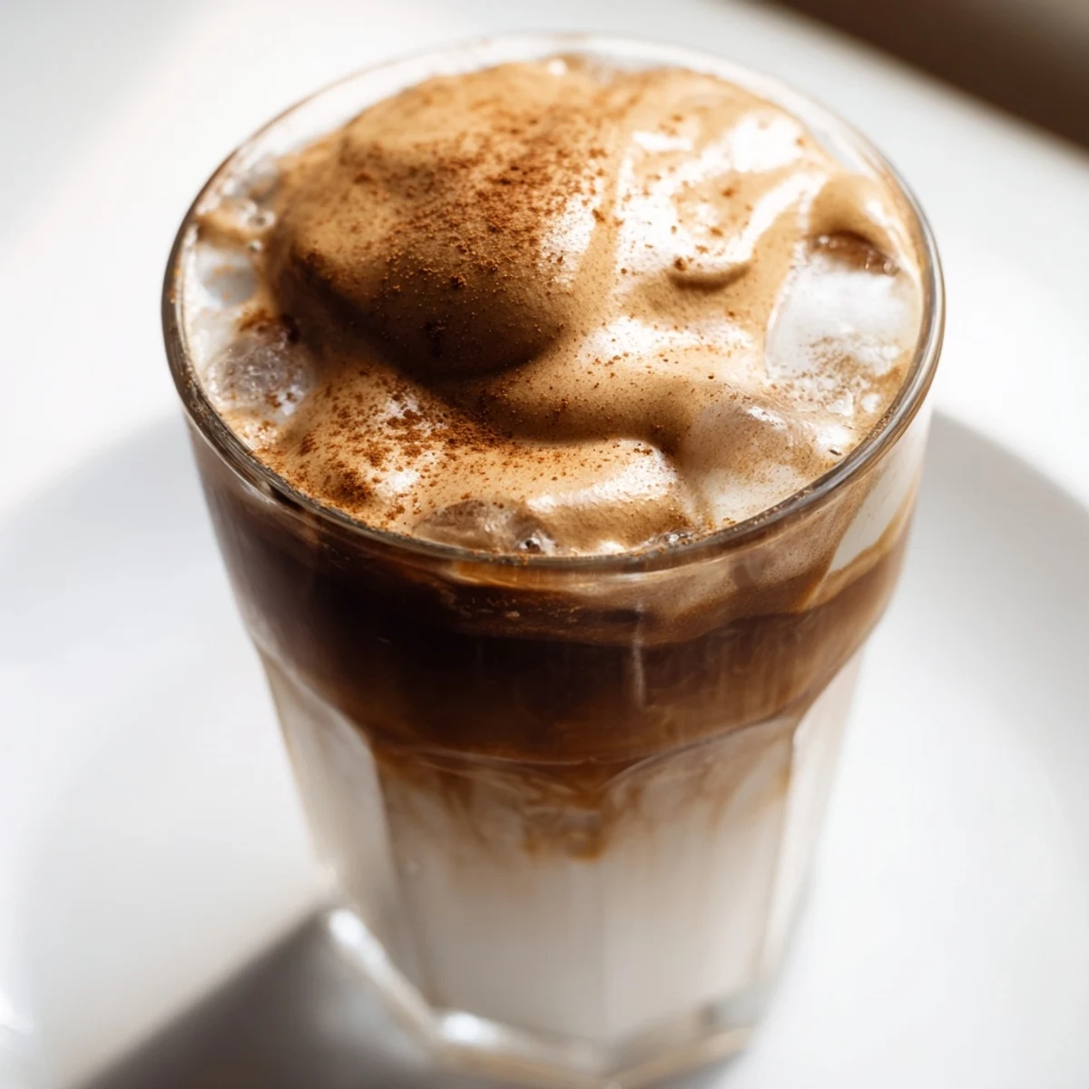 Fluffy, foamy Brown Sugar Dalgona Latte sits atop creamy milk, garnished with cinnamon, ready to enjoy.