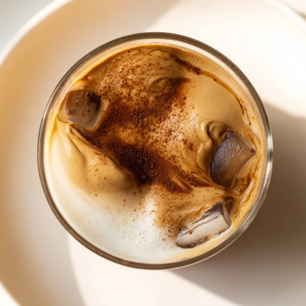 Refreshing iced Brown Sugar Dalgona Latte featuring light, airy coffee atop cold milk, a perfect treat.