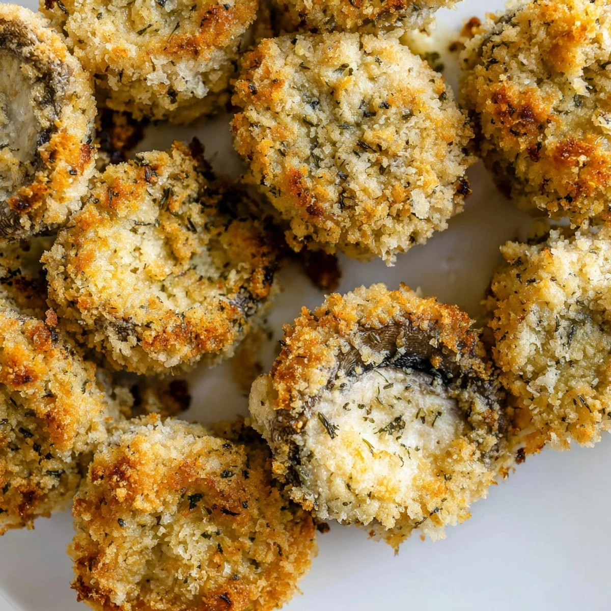Golden-brown Ranch-Seasoned Crispy Mushrooms, perfect oven-baked snack bites, ready to dip in creamy ranch dressing.