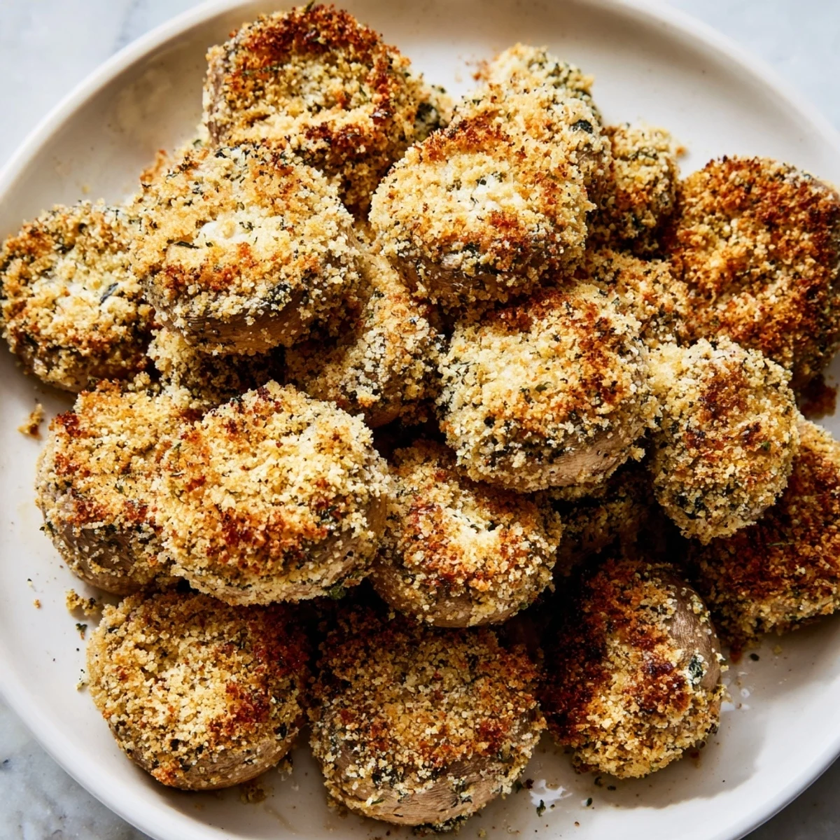 Close-up of golden Ranch-Seasoned Crispy Mushrooms; a healthier American snack alternative, ready to enjoy.