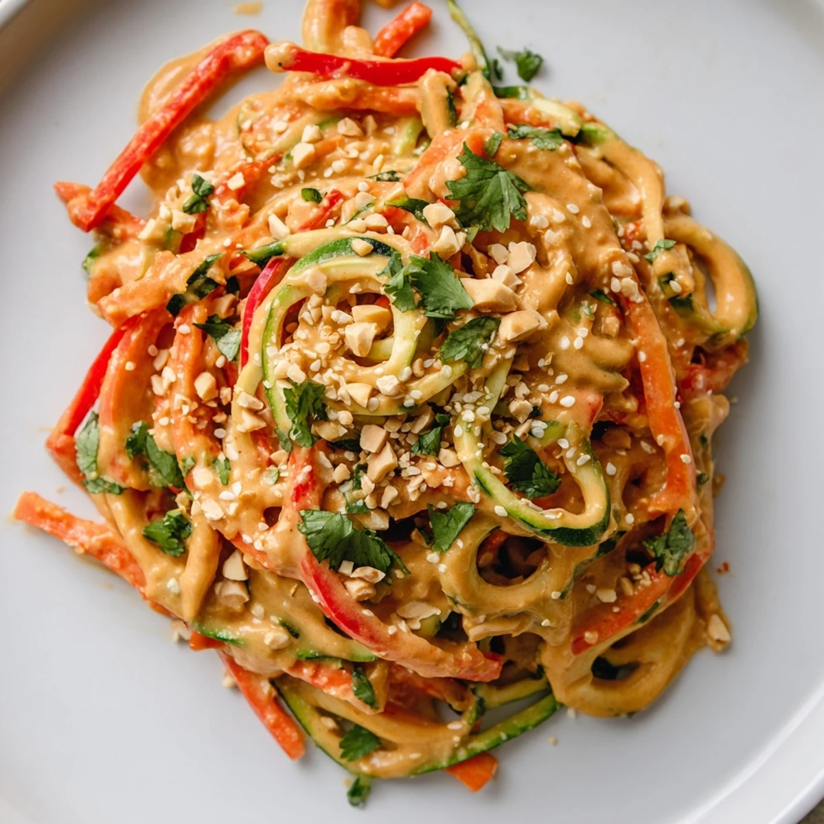 A bowl of colorful Zesty Peanut Zucchini Noodles, perfect for a light, delicious, healthy meal.