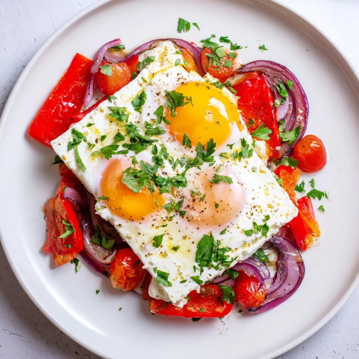 Mediterranean Baked Feta & Eggs: A close-up of a bubbling, cheesy egg bake with fresh parsley garnish.