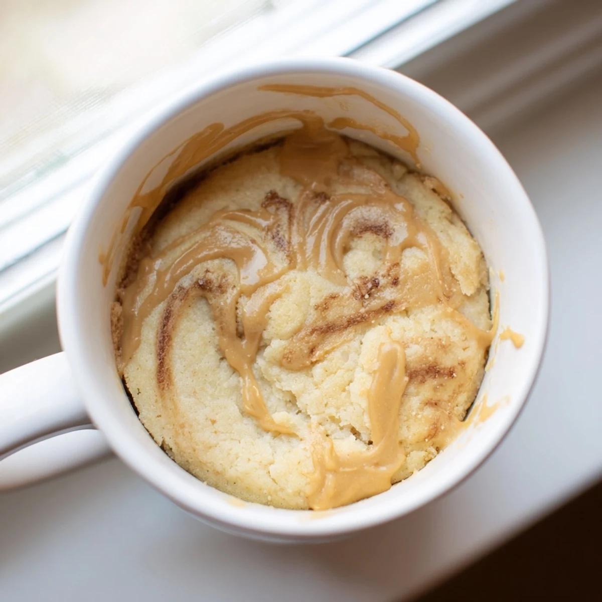 Warm, fluffy 2-Minute Peanut Butter Mug Cake topped with a chocolate drizzle, a delightful dessert.