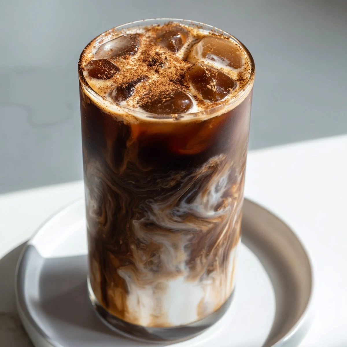Frothy Iced Brown Sugar Oat Latte, a creamy, dairy-free coffee delight poured over ice.