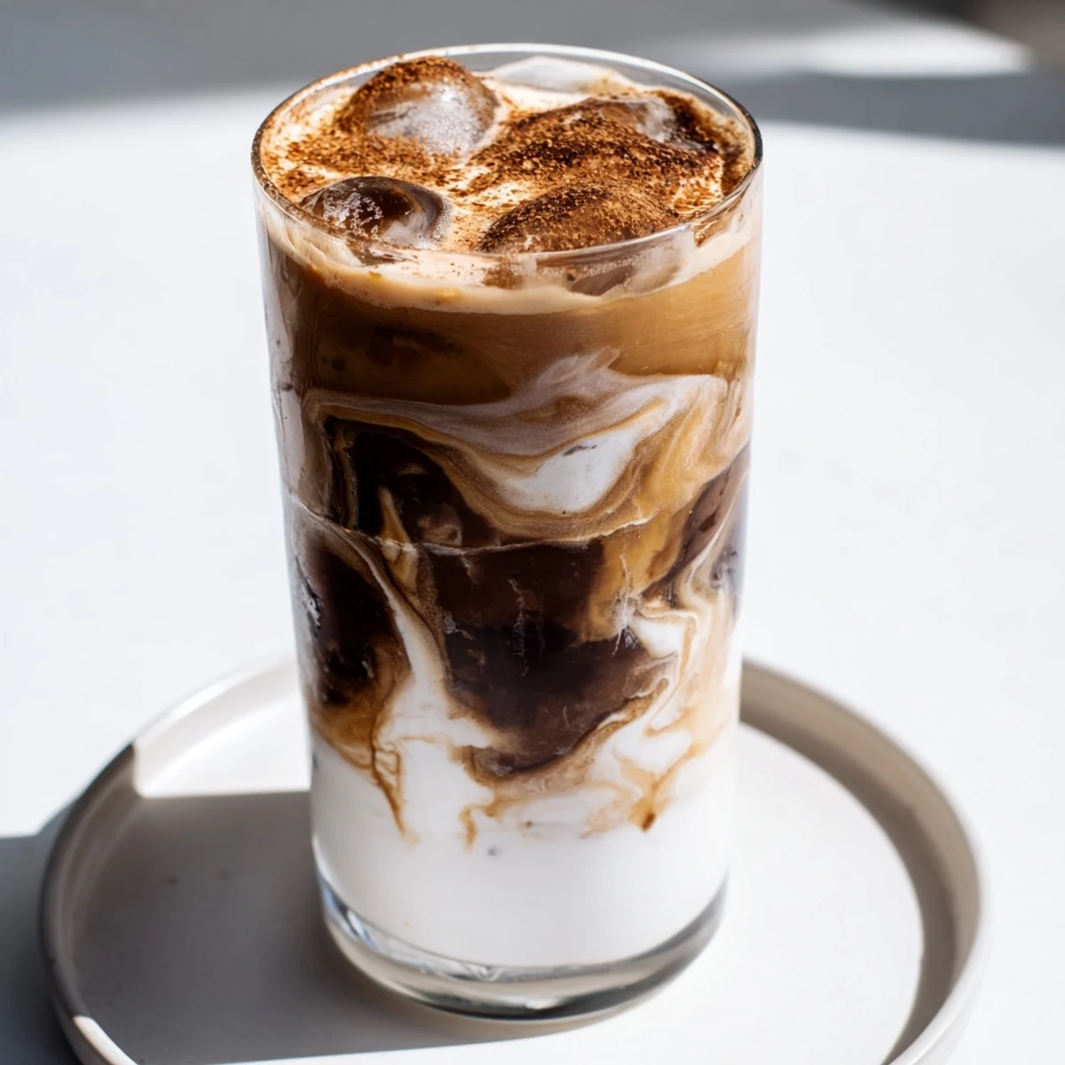 A tall glass displaying refreshing Iced Brown Sugar Oat Latte, garnished with cinnamon powder.